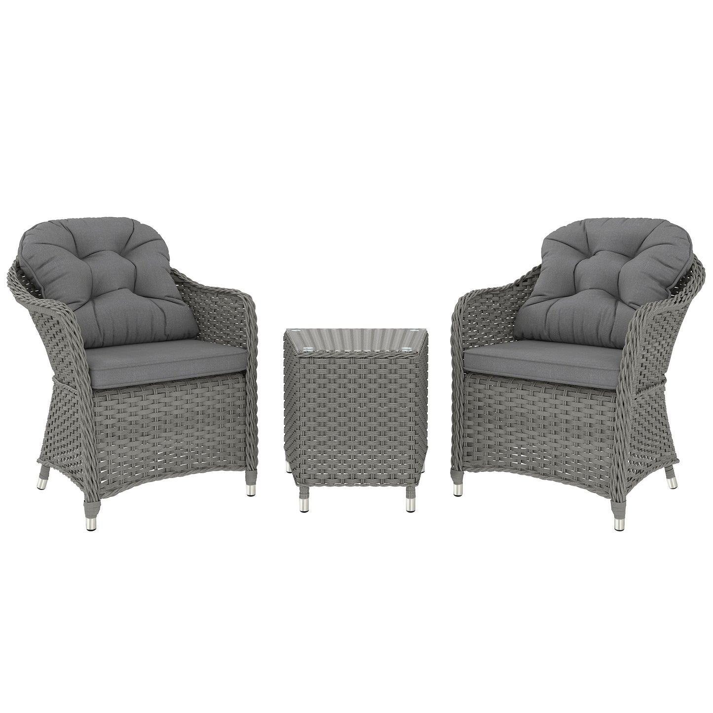 Outsunny 3 Pieces Rattan Bistro Set, Wicker Garden Bistro Set, Glass Top Balcony Table and Chairs with Cushions for Outdoor, Patio, Balcony, Light Grey