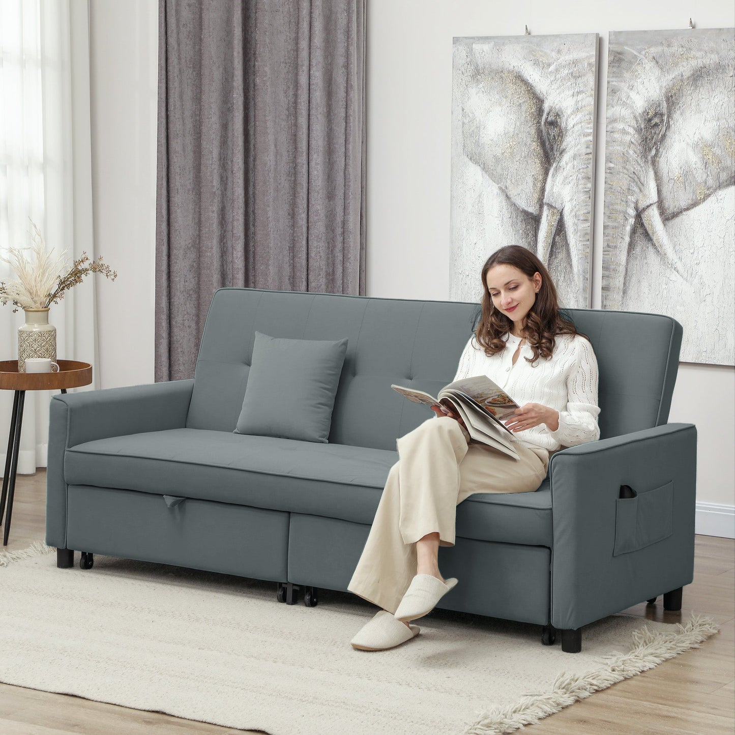 HOMCOM Trzyosobowa sofa rozkładana Velvet-Feel - Szara