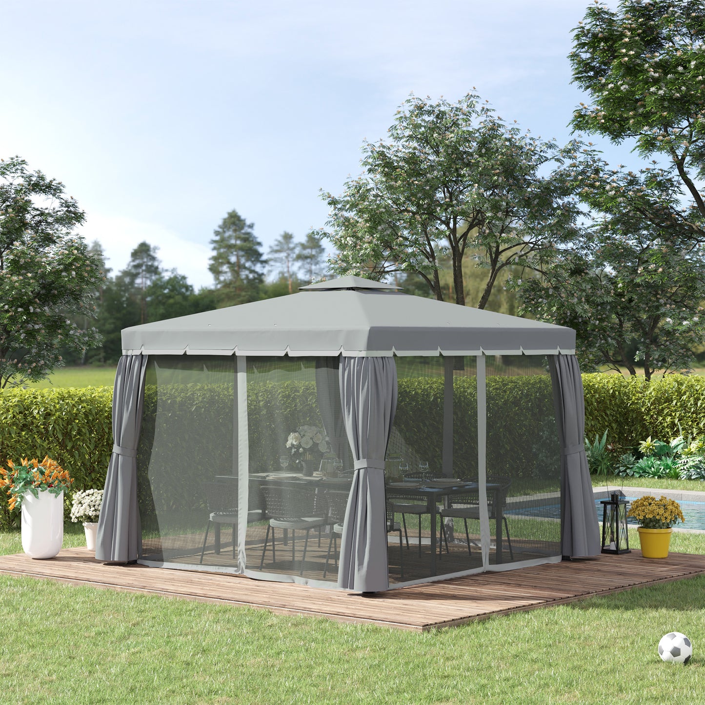 Outsunny 3 x 3(m) Patio Altana Baldachim Pawilon ogrodowy Namiot schronienie namiot z 2-poziomowym dachem hydrofobowym, moskitierą i zasłonami, aluminiowa rama, ciemnoszary