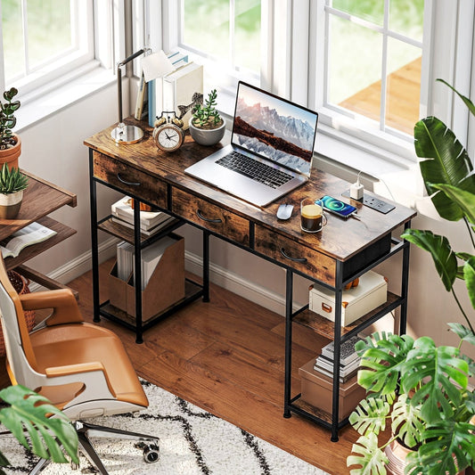 HOMCOM 120cm Computer Desk with Power Outlets in Rustic Brown, image 2