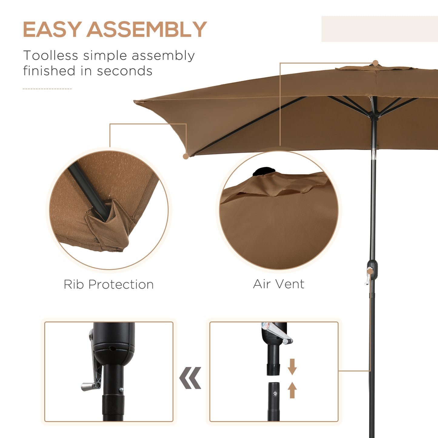 Outsunny 3x2m Parasol ogrodowy, zewnętrzny, z baldachimem przeciwsłonecznym i korbą, aluminiowa rama, prostokątna, brązowa