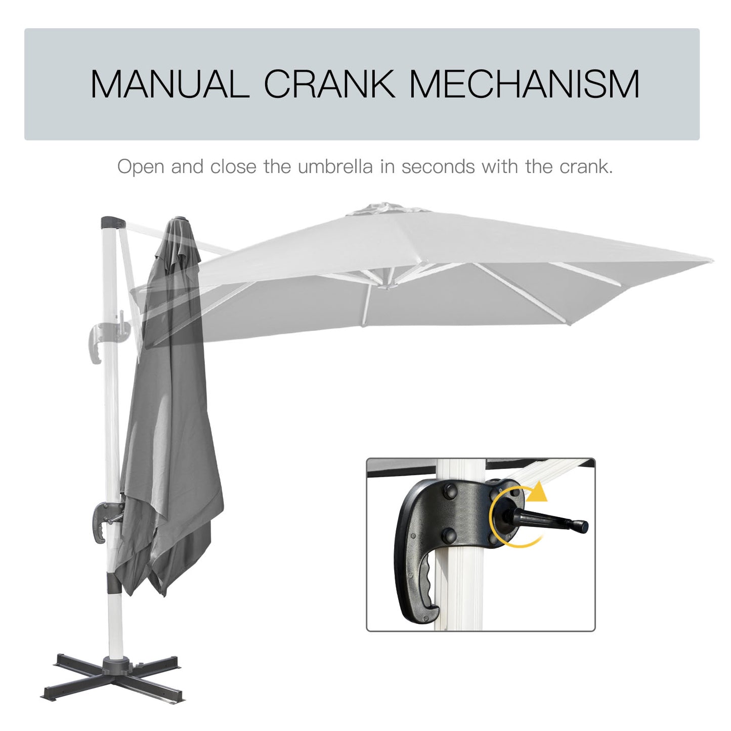 Outsunny 3 x 3(m) Cantilever Roma Parasol, kwadratowy parasol ogrodowy z podstawą krzyżową, korbą, pochyleniem, obrotem 360√Ǭ∞ i aluminiową ramą, szary