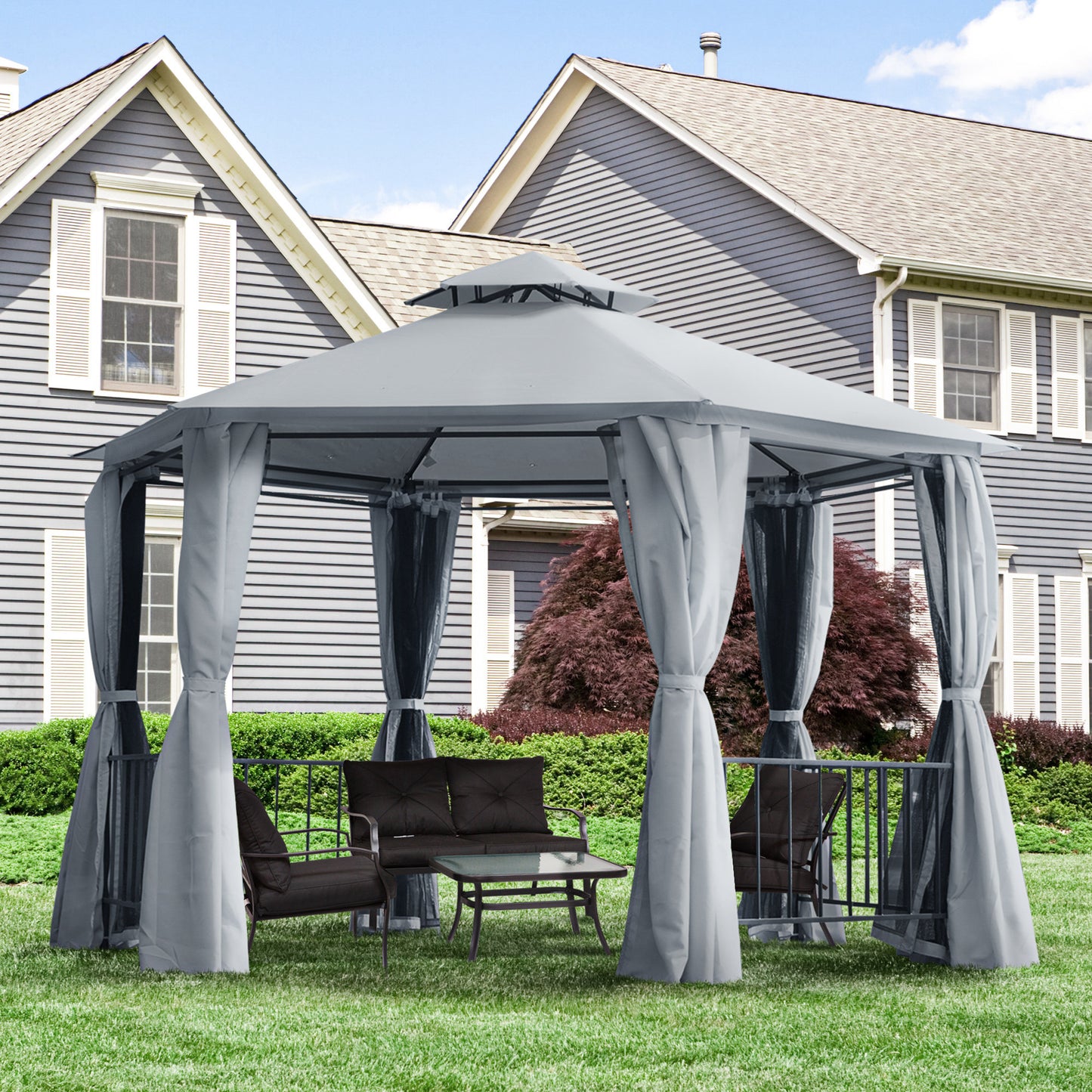 Outsunny 3 x 3(m) Hexagon Gazebo Patio Canopy Party Tent Outdoor Garden Shelter z 2-poziomowym dachem i panelem bocznym - szary