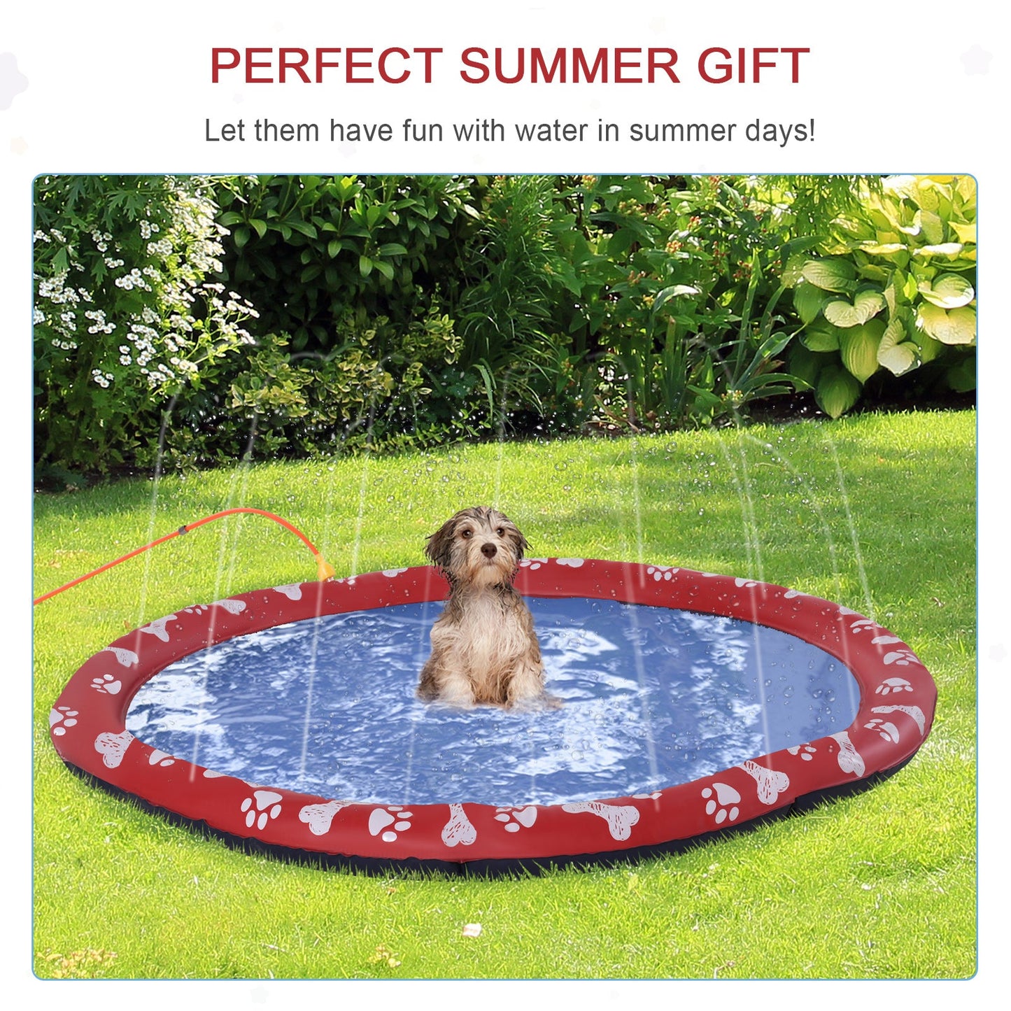 PawHut 170cm Splash Pad Sprinkler dla zwierząt domowych, do kąpieli dla psów, do gry w wodzie, mata antypoślizgowa do ogrodu, czerwona