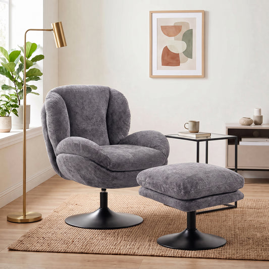 HOMCOM Modern Chenille Lazy Chair with Ottoman, 360° Swivel, Upholstered Reading Seat Set for Living Room, Dark Grey