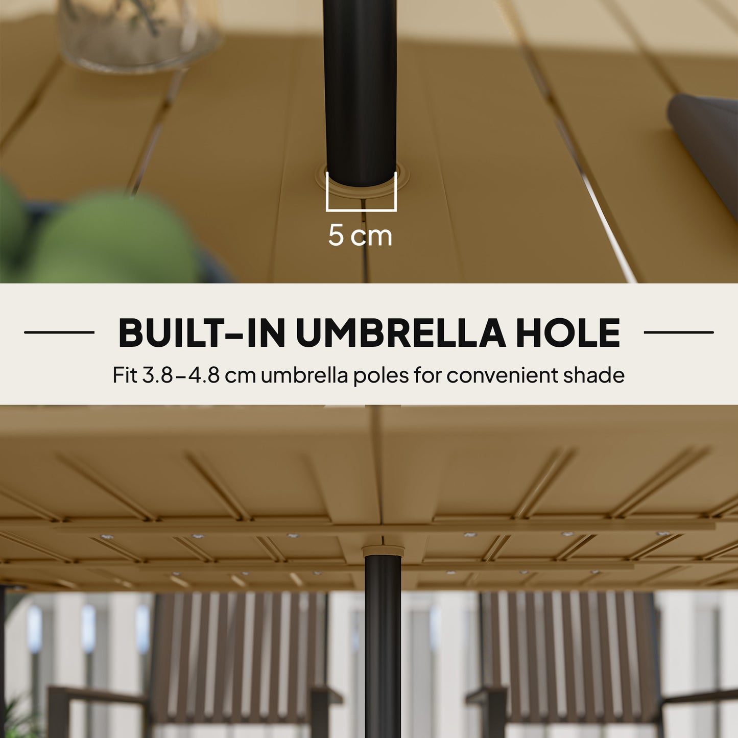 Outsunny Garden Dining Table dla 6 osób, prostokątny stolik kawowy do ogrodu z otworem na parasol 5 cm, blatem z listew i stalową ramą na taras i balkon, brązowy