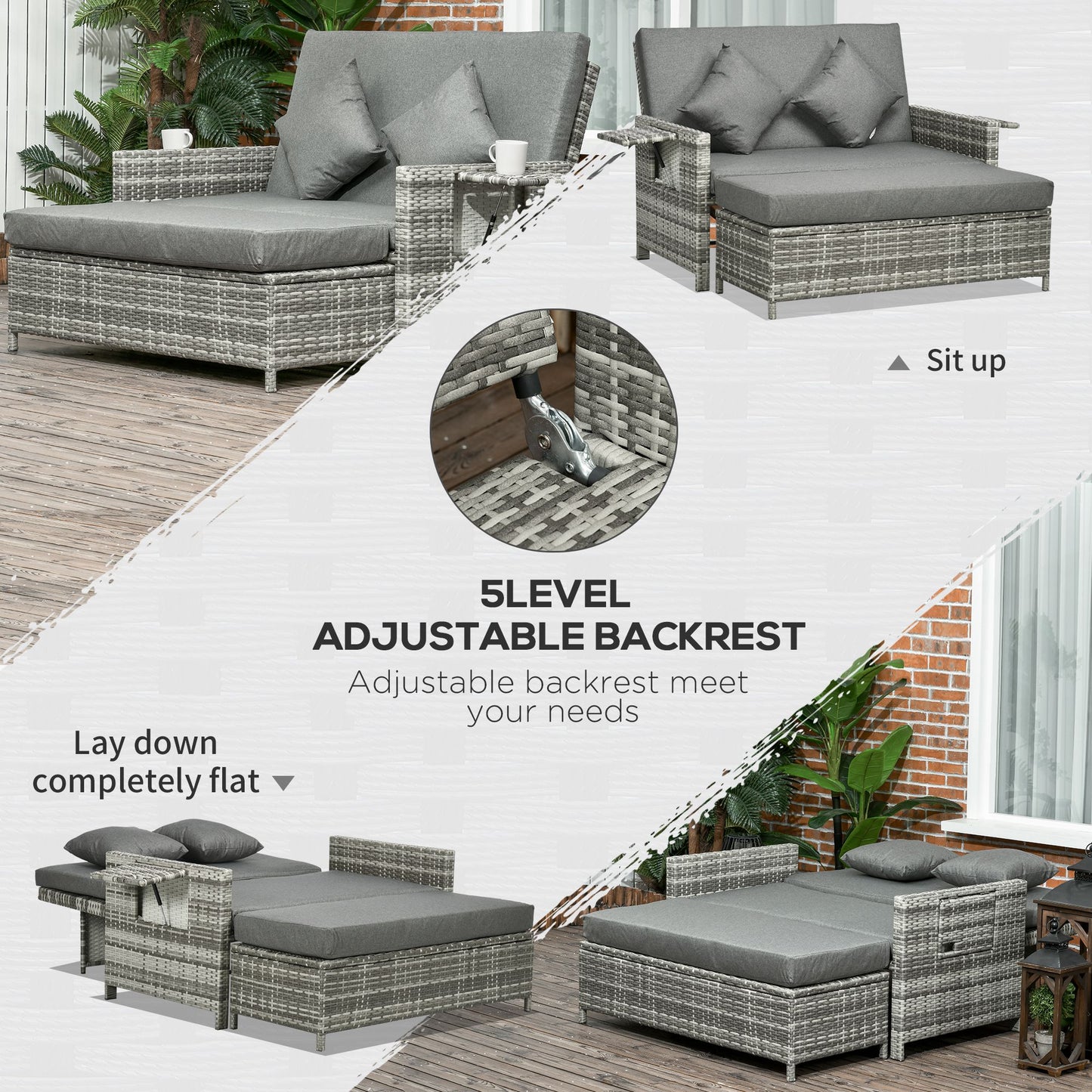 Outsunny 2-osobowa składana sofa do ogrodu, patio, meble ogrodowe z rattanu, leżak, leżanka z gąbką ognioodporną - szara