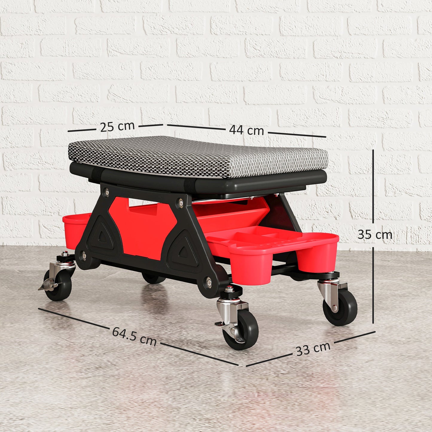 Homcom, stołek warsztatowy na kółkach, udźwig 135 kg, obrotowy, 360°, wyściełany, z kółkami, wysuwanymi tackami na narzędzia i szufladą, do garażu, warsztatu lub warsztatu samochodowego, czarny