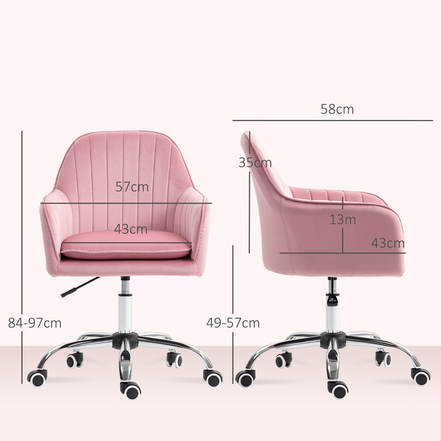 HOMCOM Velvet-Feel Tub Office Chair, with Seat Cushion - Dark Pink