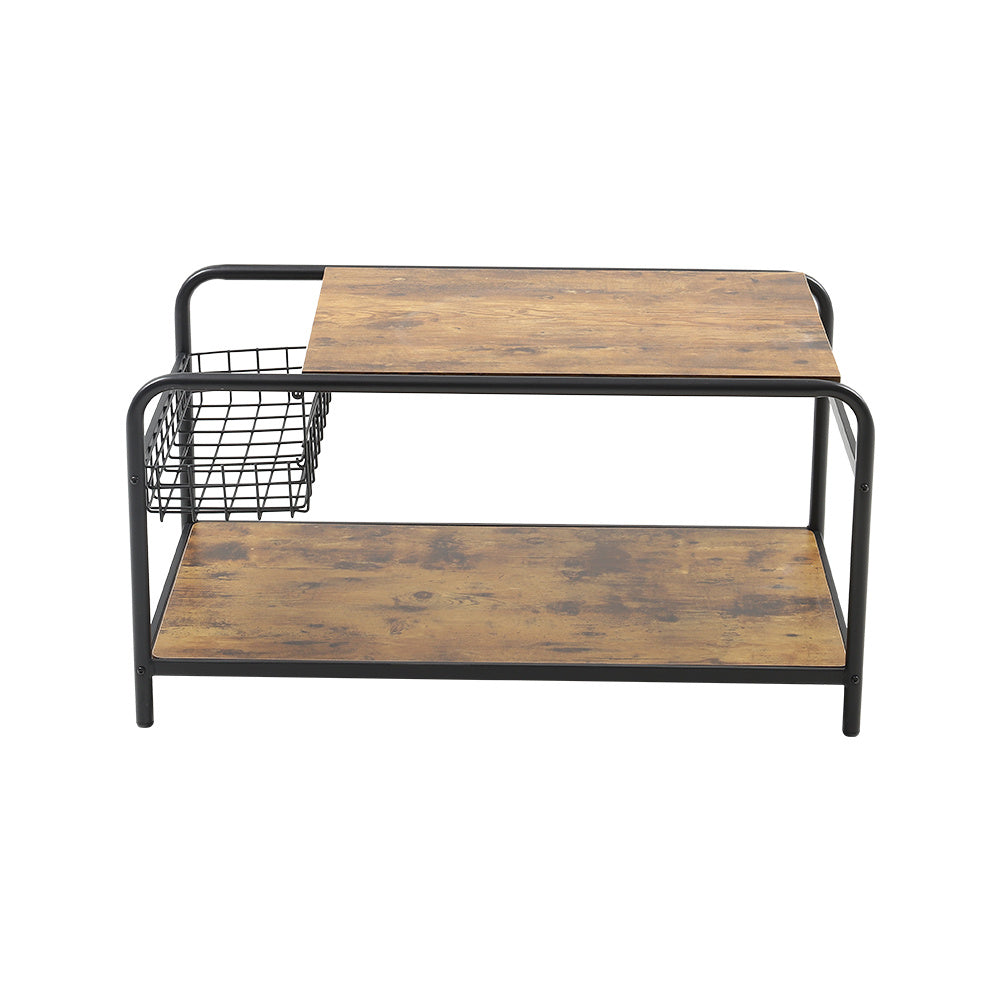 90cm W Industrial Wooden Coffee Table with Wire Basket Storage Top