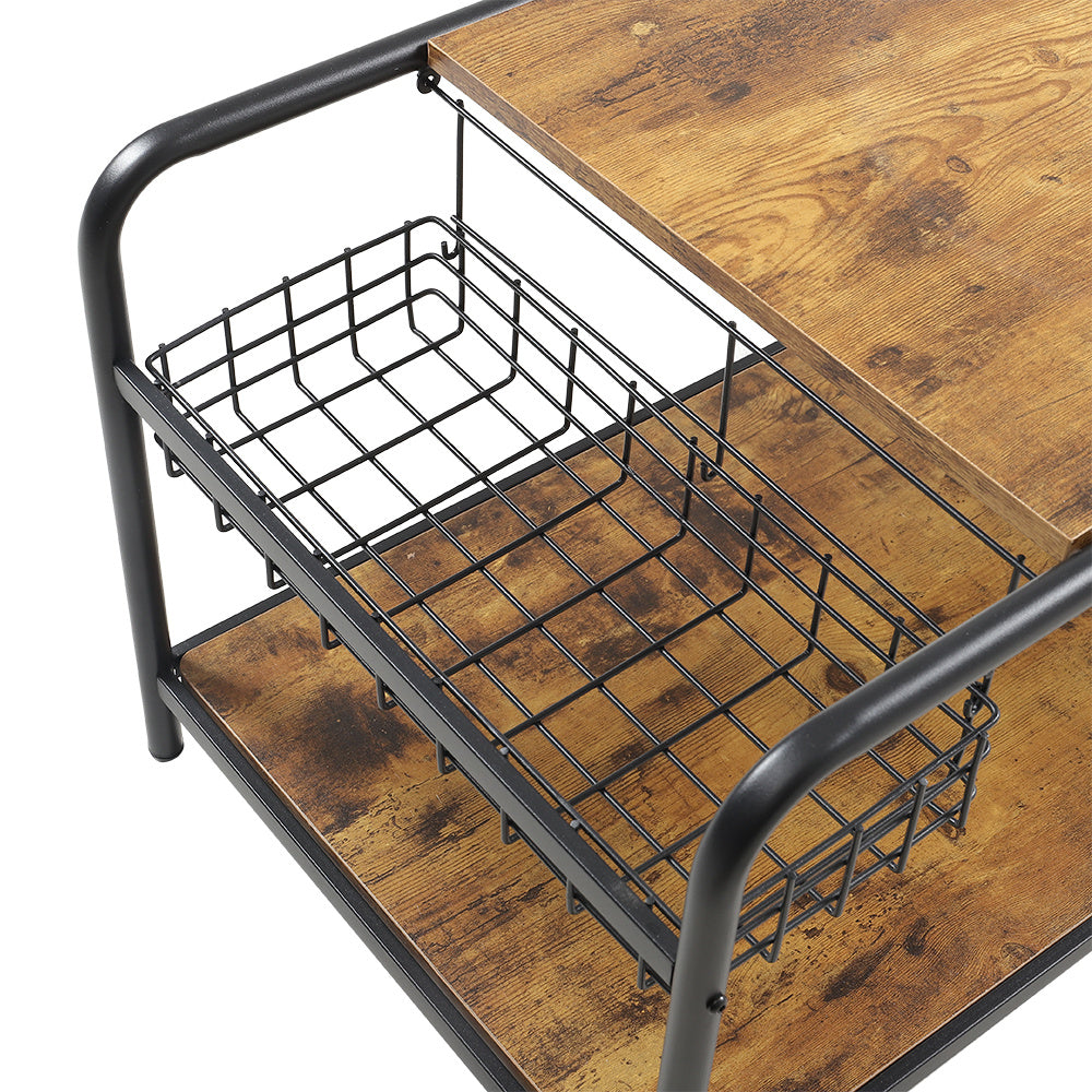 90cm W Industrial Wooden Coffee Table with Wire Basket Storage Top