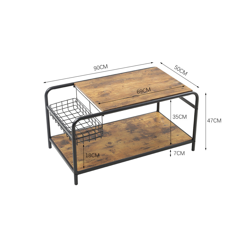 90cm W Industrial Wooden Coffee Table with Wire Basket Storage Top