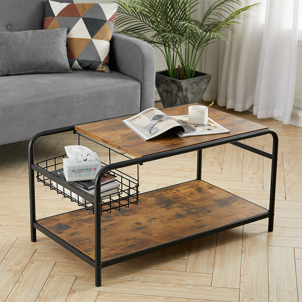 90cm W Industrial Wooden Coffee Table with Wire Basket Storage Top