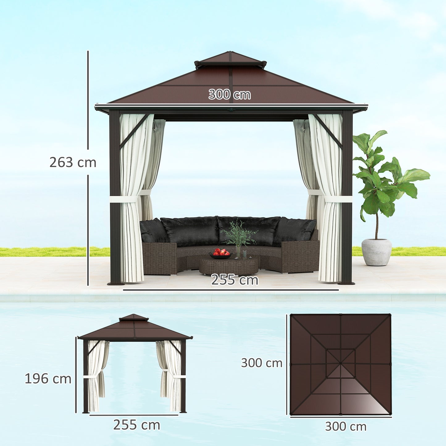 Outsunny 3 x 3(m) Hardtop Gazebo Canopy with UPF30+ Double Polycarbonate Roof, Aluminium Frame Garden Gazebo Permanent Pavilion with Mosquito Netting and Curtains for Patio, Deck, Beige