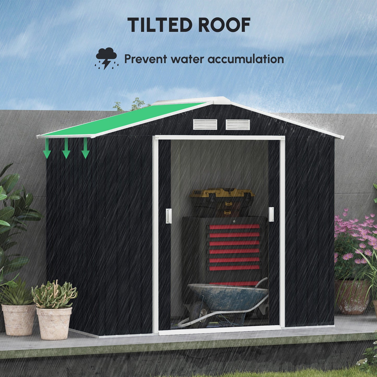 Outsunny 7 x 4ft Weatherproof Shed, zewnętrzna szopa na rowery z otworami wentylacyjnymi, zestawem fundamentowym i zamykanymi podwójnymi drzwiami, ciemnoszary