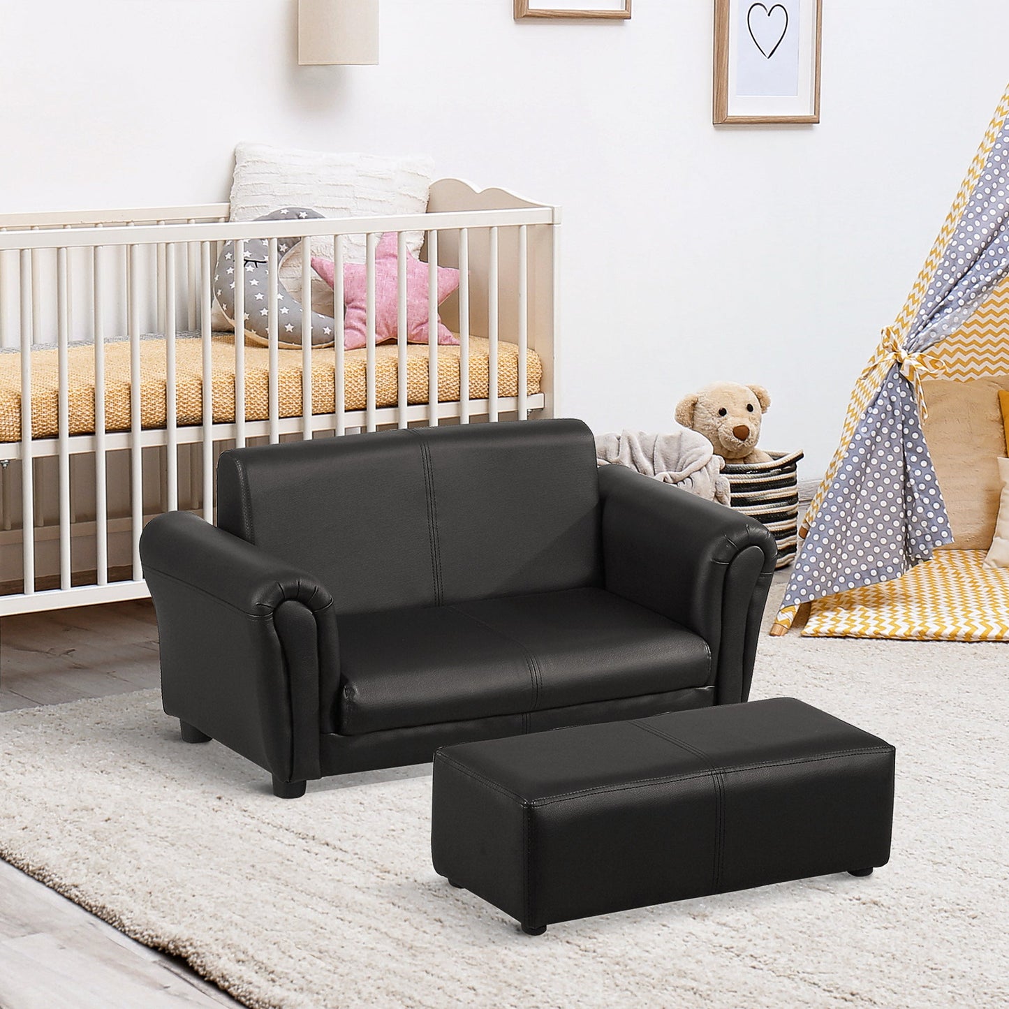 Sofa dziecięca HOMCOM z funkcją spania, sofa dla dzieci, fotel dla malucha, sofa dla chłopców i dziewcząt, sofa dwuosobowa z podnóżkiem (czarna)