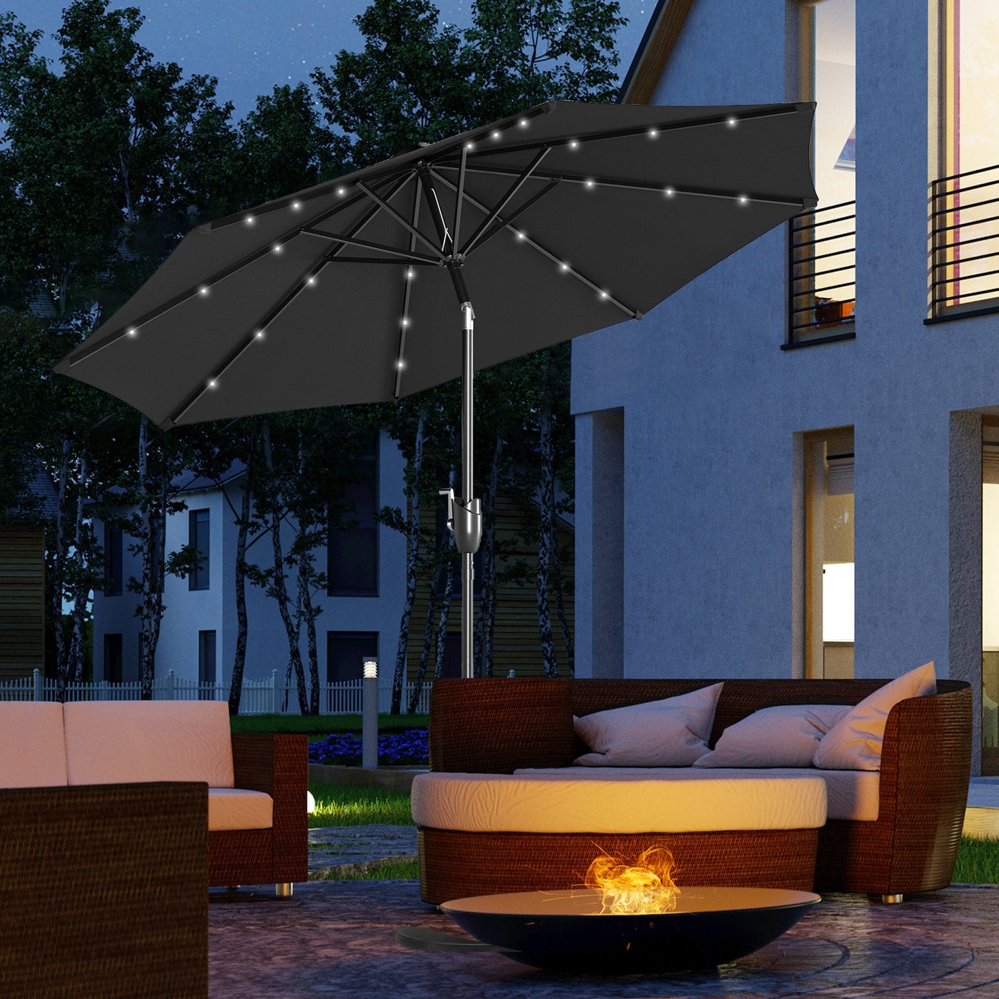 Outsunny 2,7 m Parasol ogrodowy Solarny Zewnętrzny Parasol słoneczny z uchylnym dachem Patio z 24 diodami LED, korbą ręczną i 8 żebrami, czarny