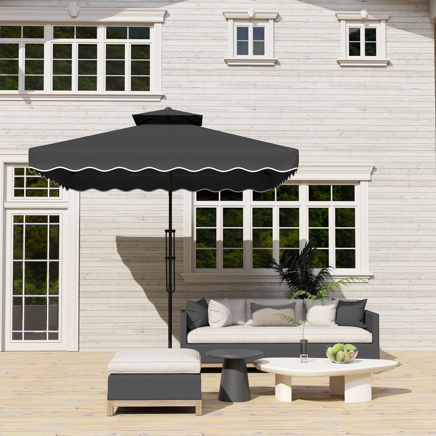 Outsunny 2,5 m parasol wspornikowy z łatwą dźwignią, kwadratowy podwójny parasol ogrodowy z falbankami i poprzeczną podstawą, zwisające zewnętrzne osłony przeciwsłoneczne, czarny