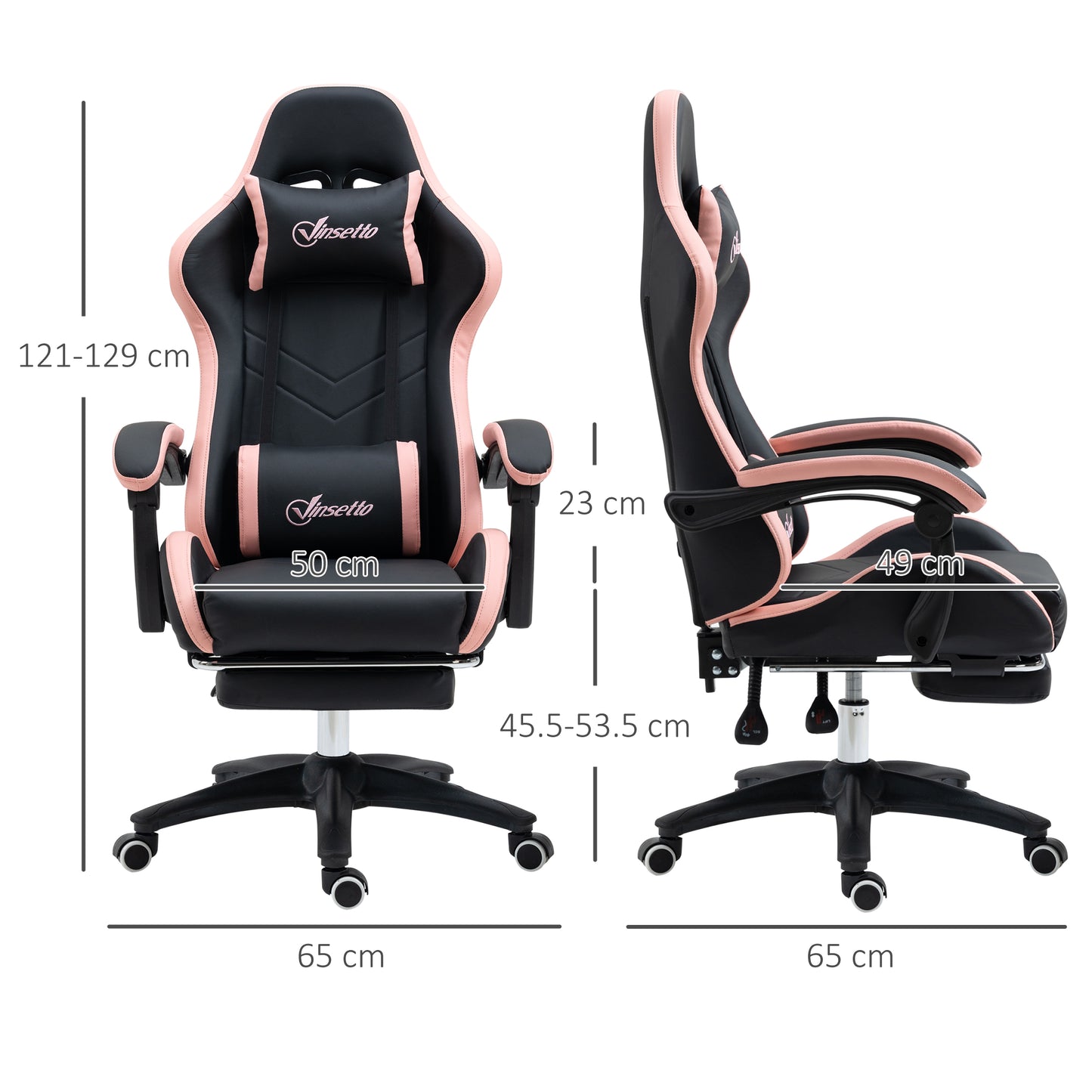 Vinsetto Computer Gaming Chair, PU Leather Desk Chair with Footrest, Swivel Task Chair with 135° Reclining Back and Lumbar Support, PC Chair for Adults, Black and Pink