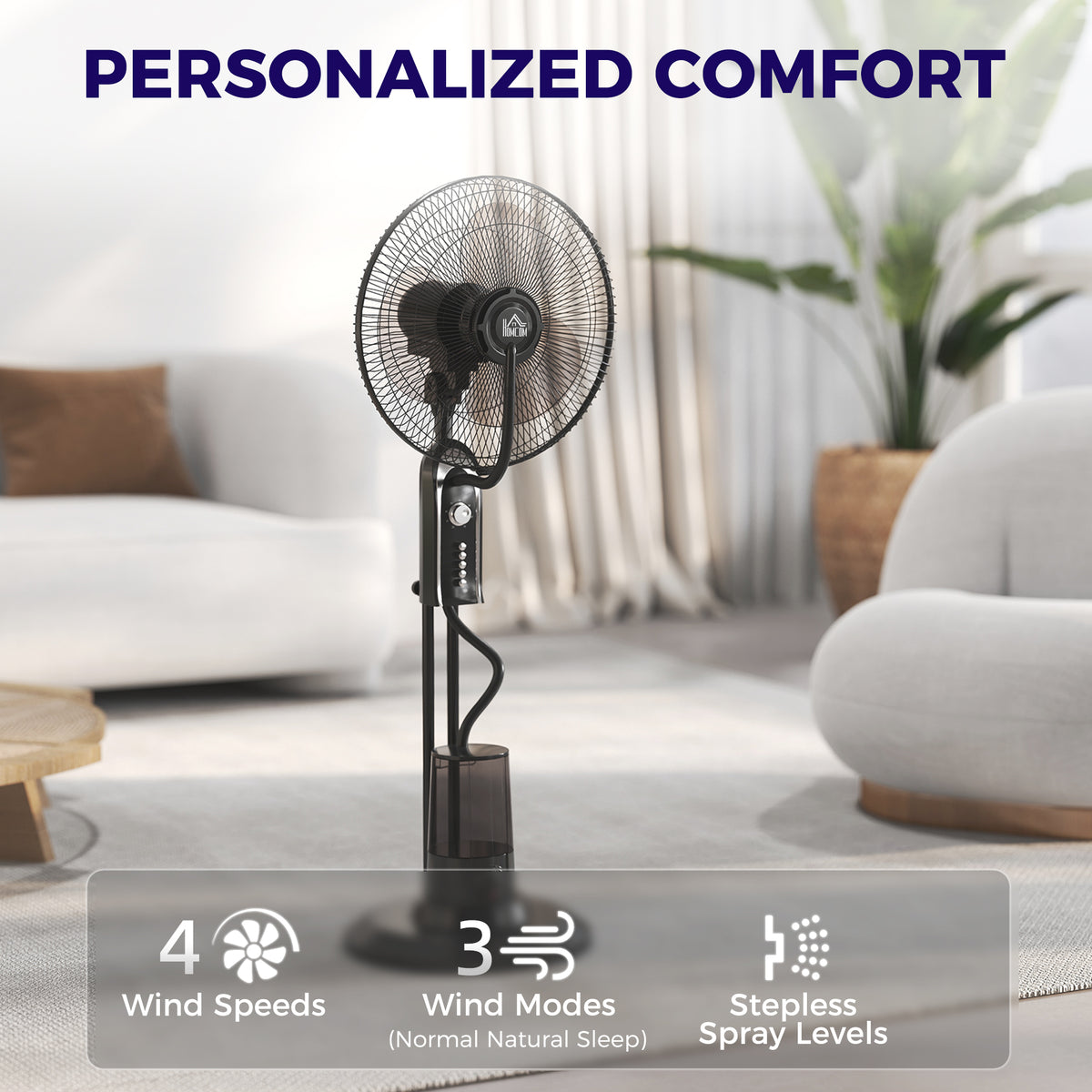 HOMCOM Pedestal Fan with Water Mist Spray, Spray Misting Fan with 70° Oscillation, Tilt Head, 3 Speeds, 3 Modes, Adjustable Mist, 3.2L Water Tank, for Home, 120 cm