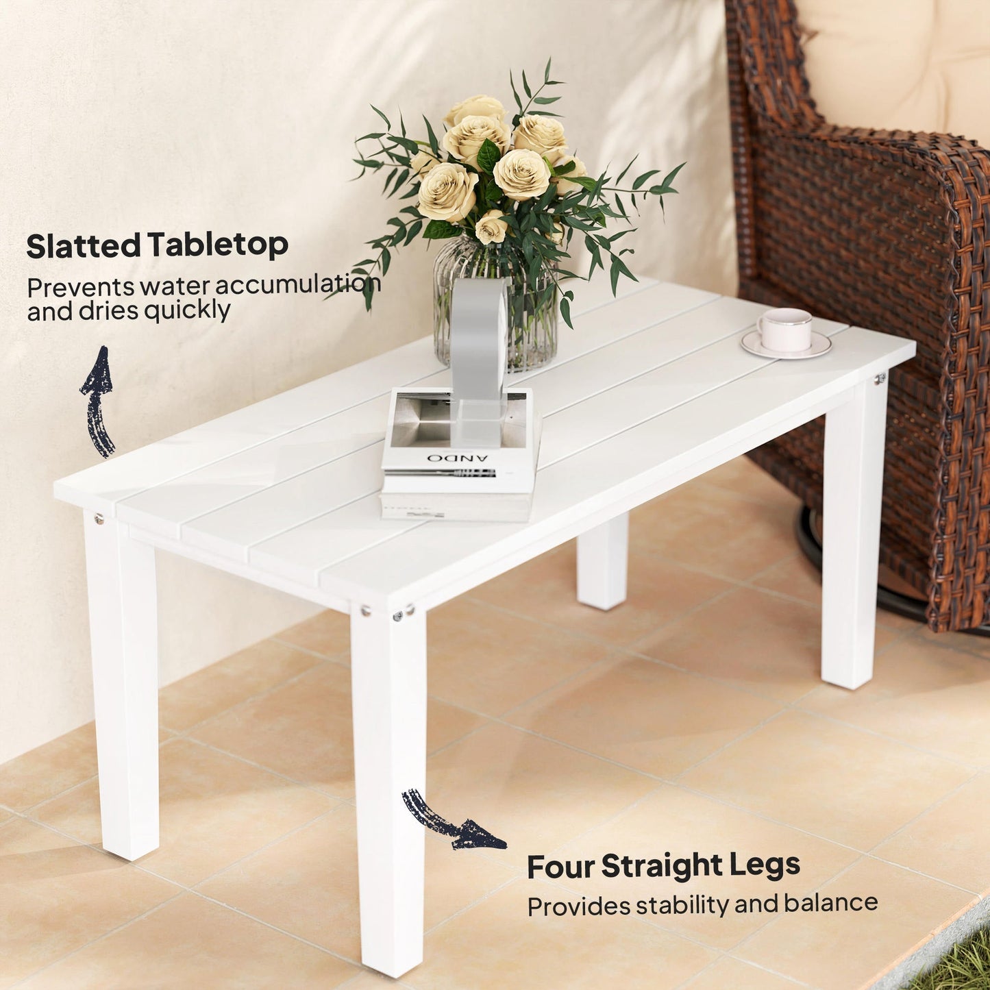 Outsunny Outdoor Garden Coffee Table, HDPE All-Weather Rectangular Outdoor Garden Table with Slatted Tabletop for Patio, Balcony, 91 x 44 x 42 cm, White