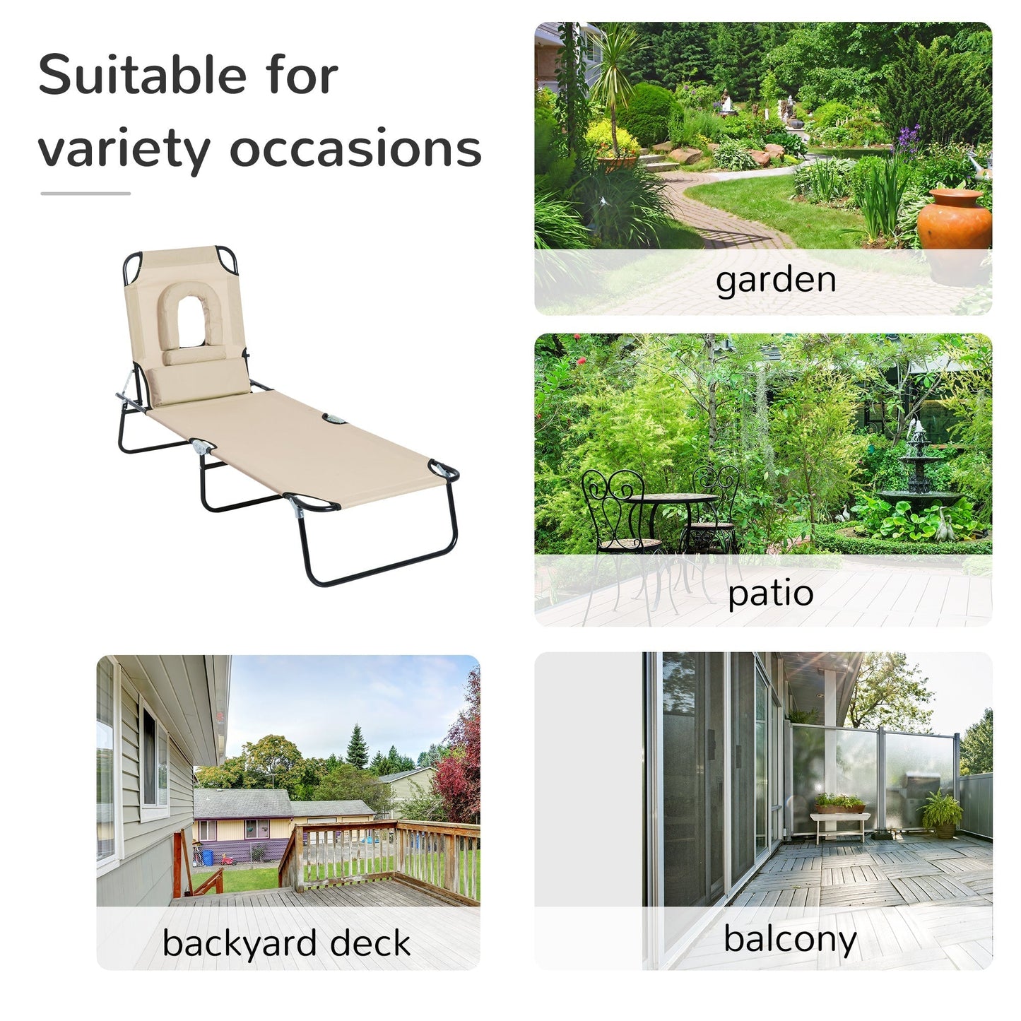 Outsunny Outdoor Folding Sun Lounger with Face Hole, 4 Level Adjustable Backrest Reclining Garden Lounger, Garden Recliner Sunbed with 600 D Oxford Cloth Seat and Pillow for Beach, Beige