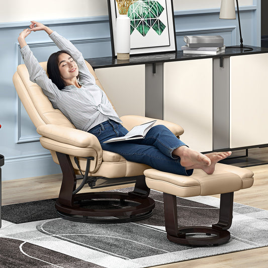 HOMCOM Faux Leather 135 Reclining Chair and Footstool - Beige