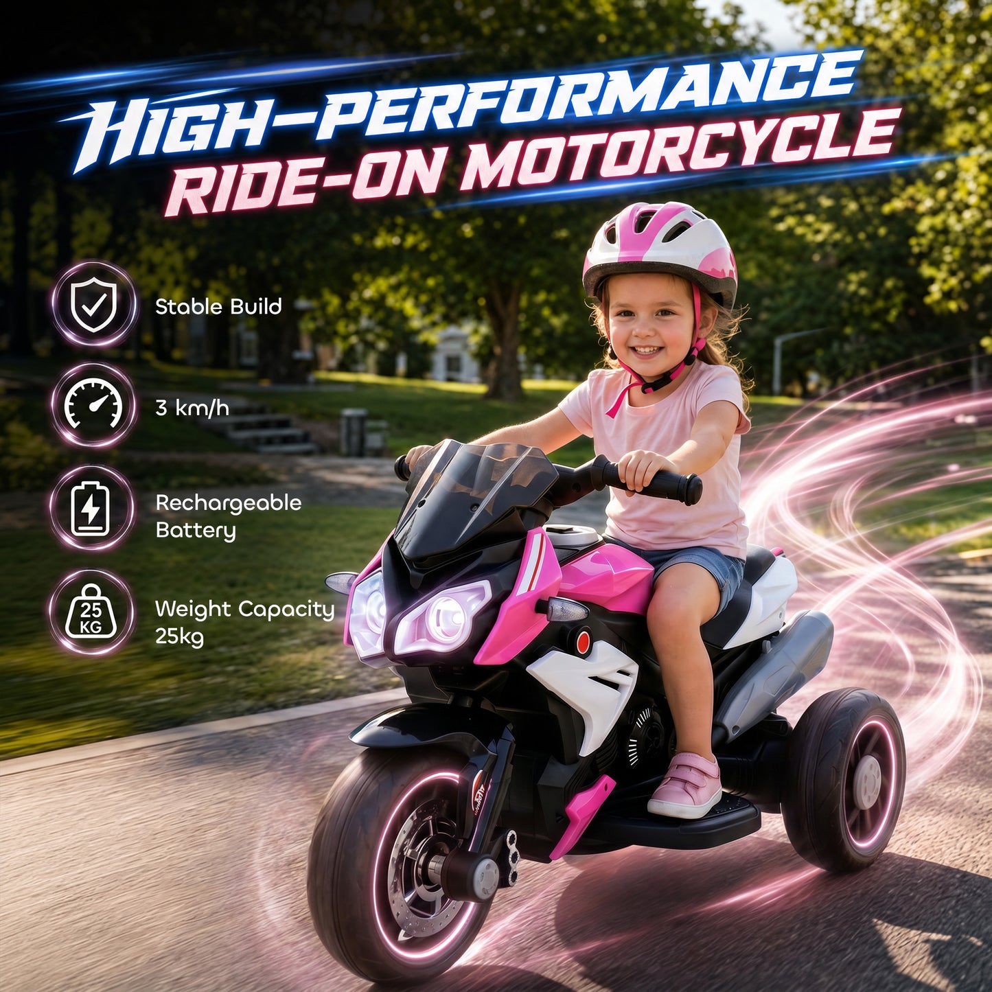 HOMCOM Kids Electric Motorcycle, 6V Ride on Motorcycle with 3 Wheels, LED Headlight, Music, Horn for Boys Girls 3-5 Y, Pink
