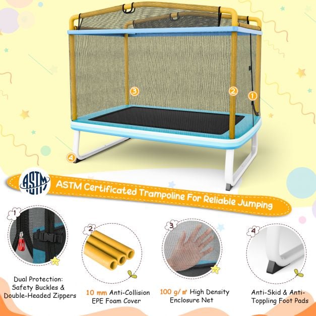 190CM 3-in-1 Kids Rectangle Trampoline with Enclosure Net and Horizontal Bar-Yellow