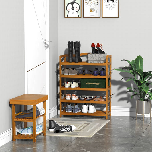HOMCOM 5-Tier Shoe Rack, Acacia Wooden Shoe Storage Organiser with Hangers, Holds up to 19 Pairs, for Entryway, Living Room, 64 x 26 x 82 cm, Teak
