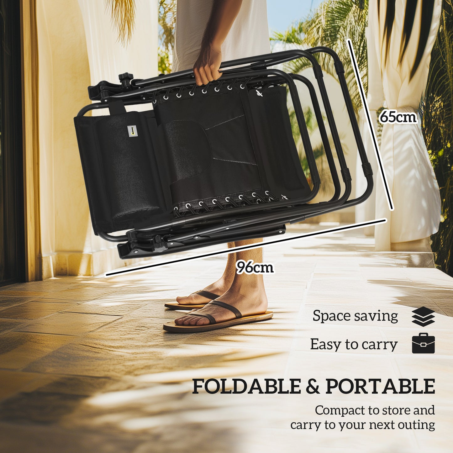 Outsunny Zero Gravity Lounger Chair, składany rozkładany fotel ogrodowy z osłoną przeciwsłoneczną, wyściełane siedzisko, uchwyt na kubek, miękka poduszka i zagłówek do użytku przy basenie, kempingowy, czarny
