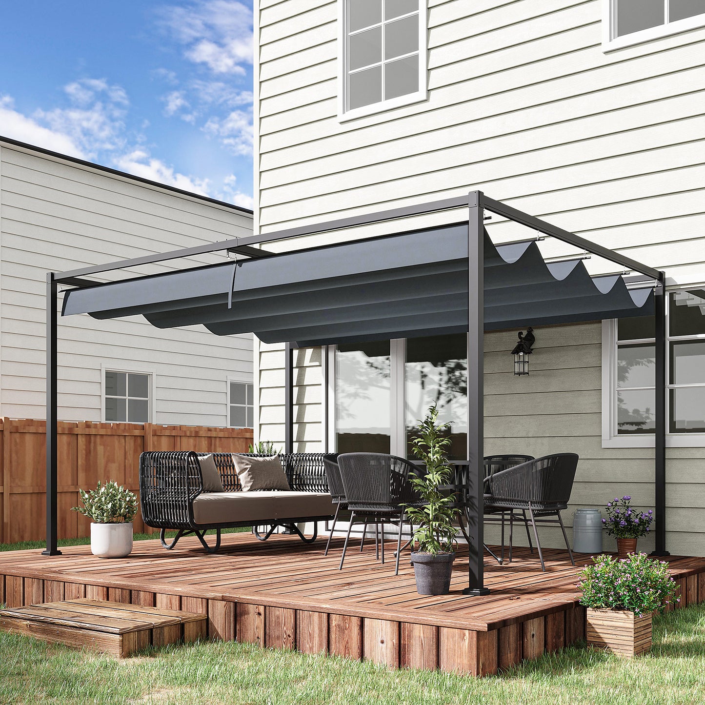 Pergola ogrodowa Outsunny 4 x 3(m) z metalu z rozsuwanym dachem, altana ogrodowa z otworami drenażowymi do ogrodu, na patio, trawnik, szara