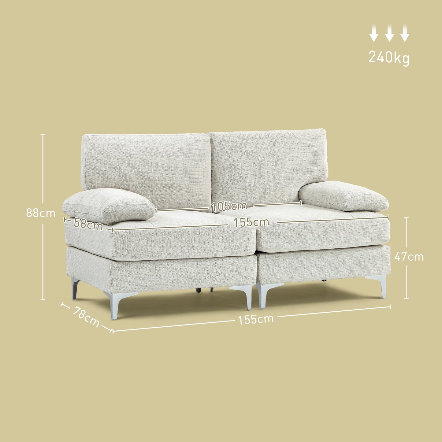 Sofa dwuosobowa HOMCOM, nowoczesna dwuosobowa sofa z materiału z poduszką sprężynową i metalowymi nogami, mała kanapa do salonu, sypialni, domowego biura, recepcji, kremowa biel