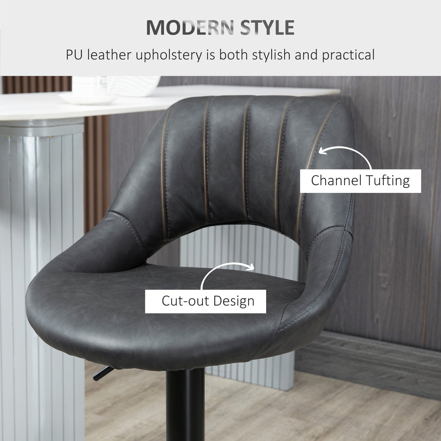 HOMCOM Barstools Set of 2 Adjustable Swivel Height Gas Lift PU Leather Counter Chairs with Footrest
