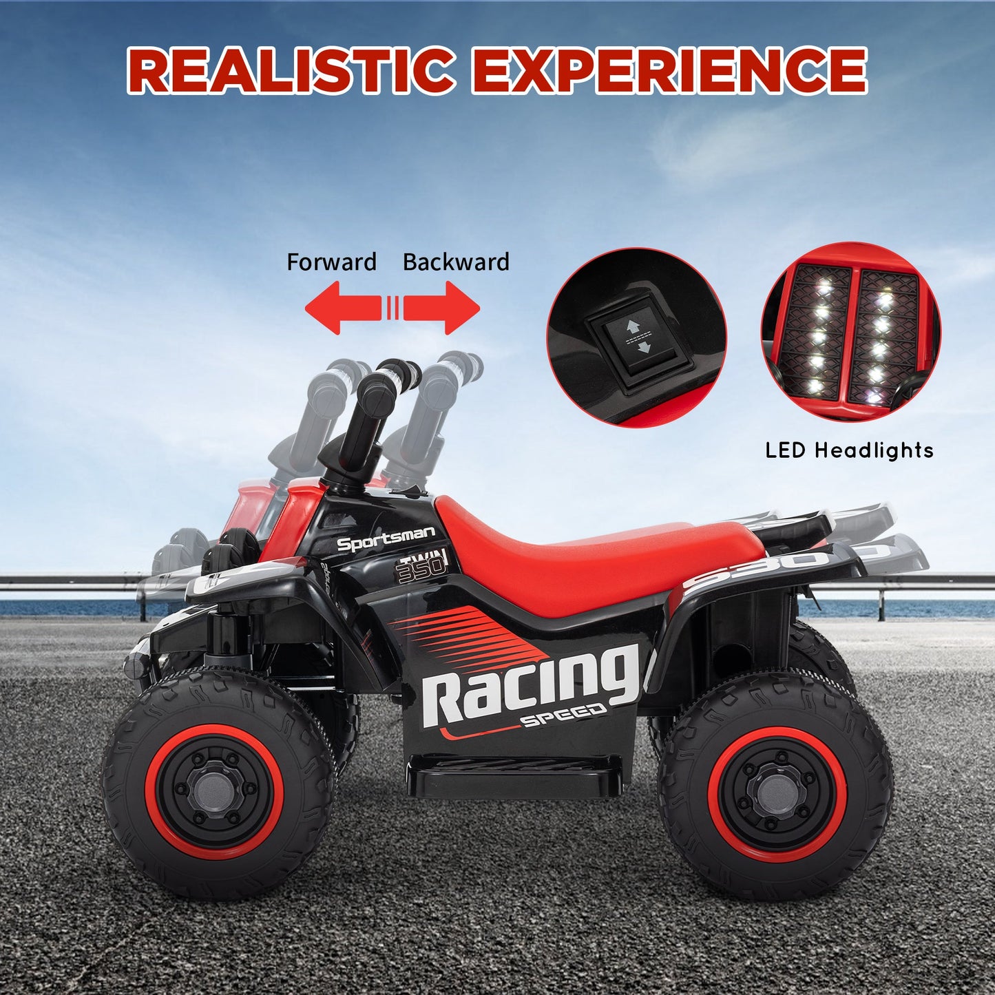 AIYAPLAY 6V Elektryczny Quad dla Dzieci, Jeździk ATV z Przodu Do Tyłu, Reflektory, dla 18-36 Miesięcy, Czarny i Czerwony