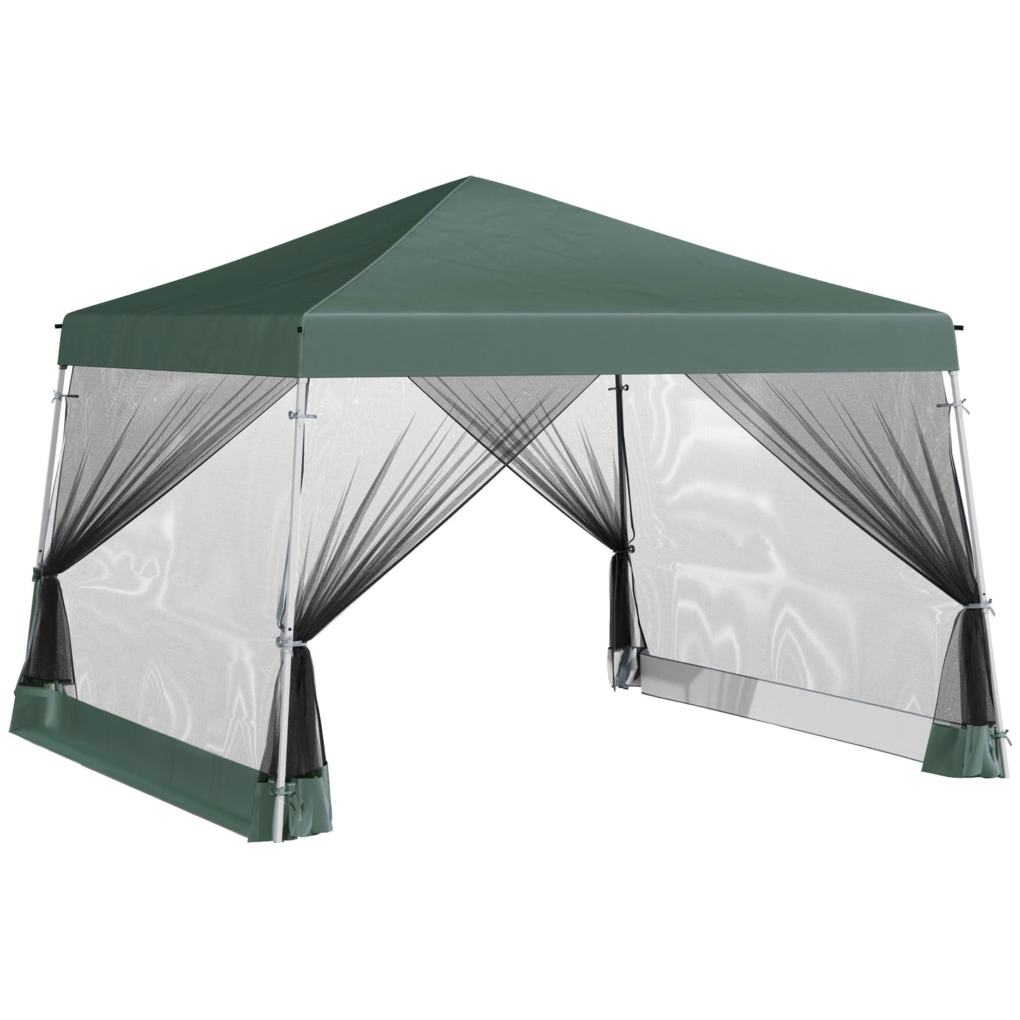 Namiot ogrodowy Outsunny Outdoor z baldachimem, składany, z regulowaną wysokością, siatką, ścianami bocznymi, 3,5 m, podstawa 3,5 m / góra 3 m, kolor zielony