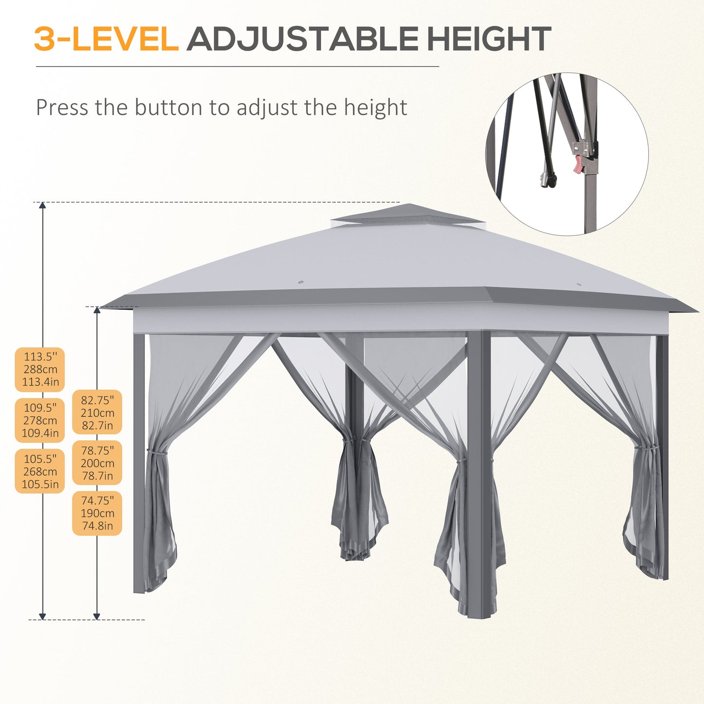 Outsunny 330cm x 330cm Pop Up Canopy, Double Roof Foldable Canopy Tent with Zipped Mesh Sidewalls, Height Adjustable and Carrying Bag, Event Tent for Patio Garden, Grey