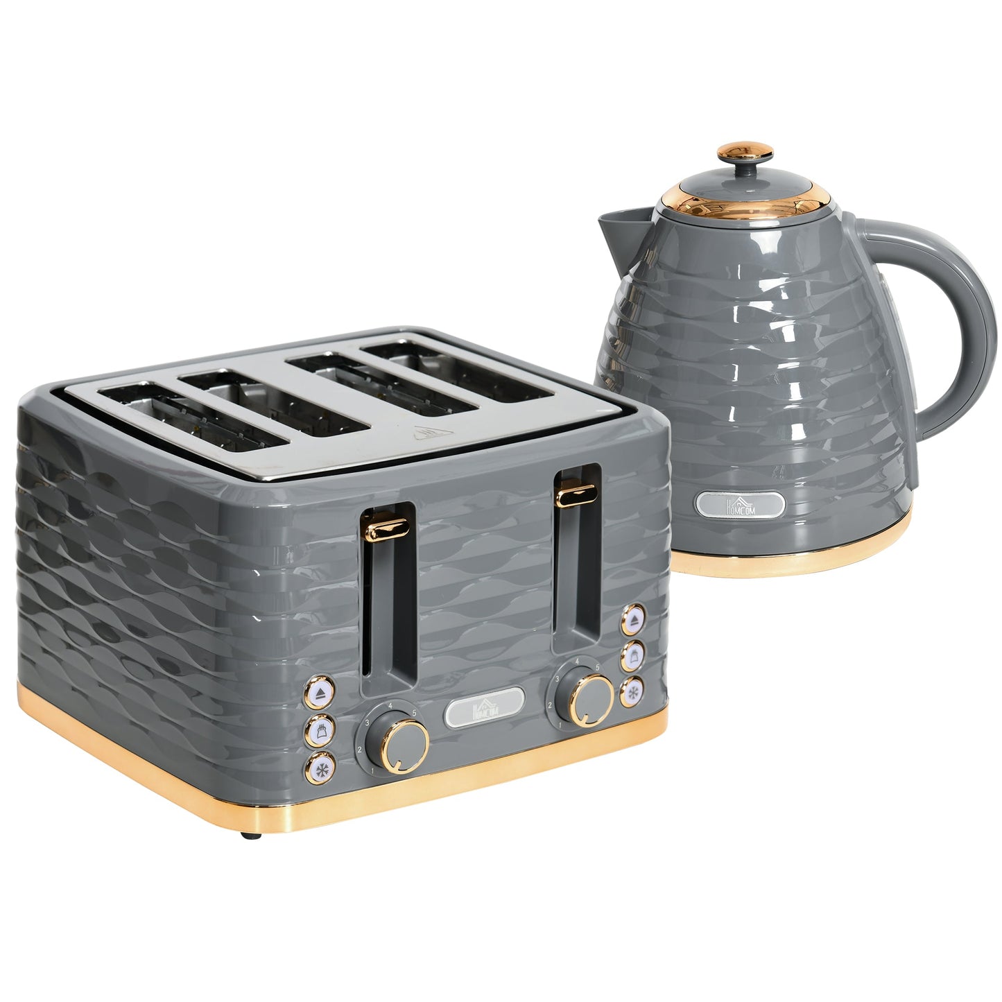Zestawy czajnika i tostera HOMCOM, czajnik 3000 W 1,7 l do szybkiego gotowania i toster na 4 kromki z 7 przyciskami do przyrumieniania, rozmrażaniem, podgrzewaniem i tacką na okruchy, termostatem Otter, szary