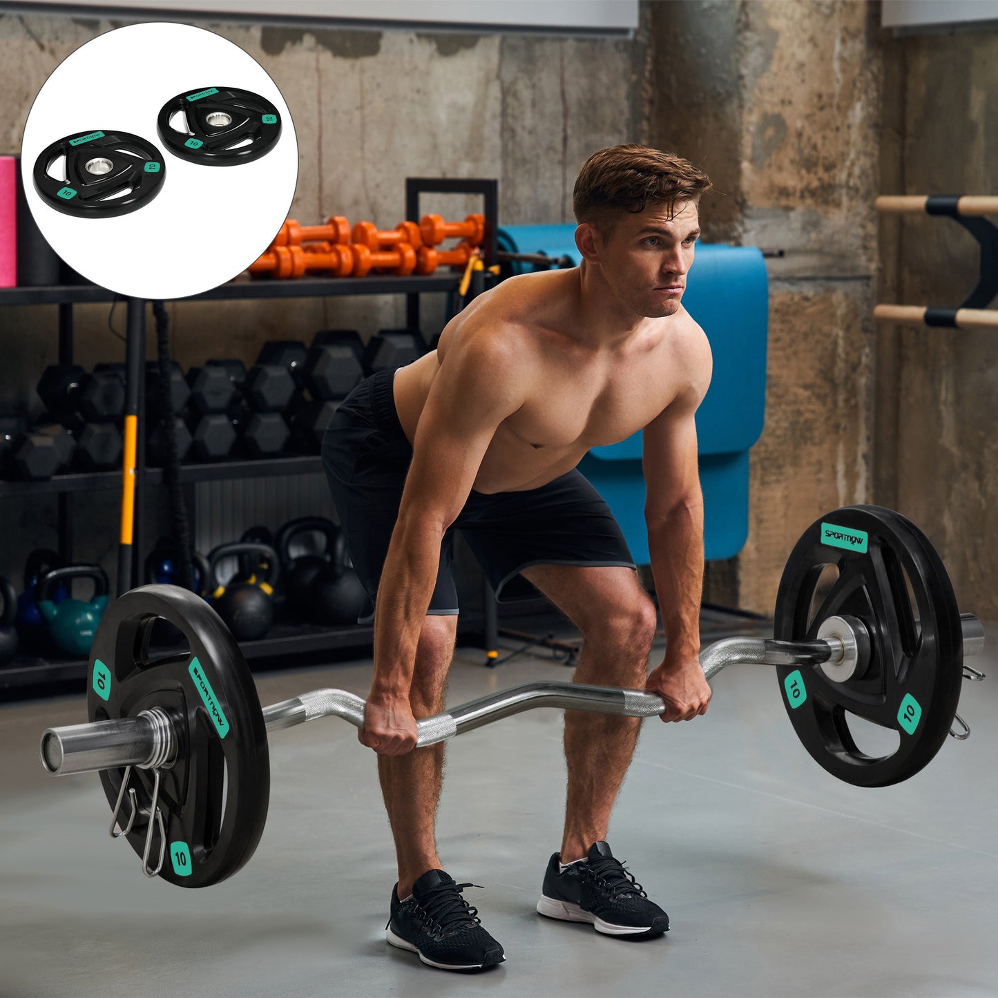 Zestaw sztangi SPORTNOW 2 x 10 kg, powlekane gumą obciążenia Tri-Grip z otworami 2" x 5 cm, do użytku w domu, na siłowni, do podnoszenia ciężarów i treningu siłowego