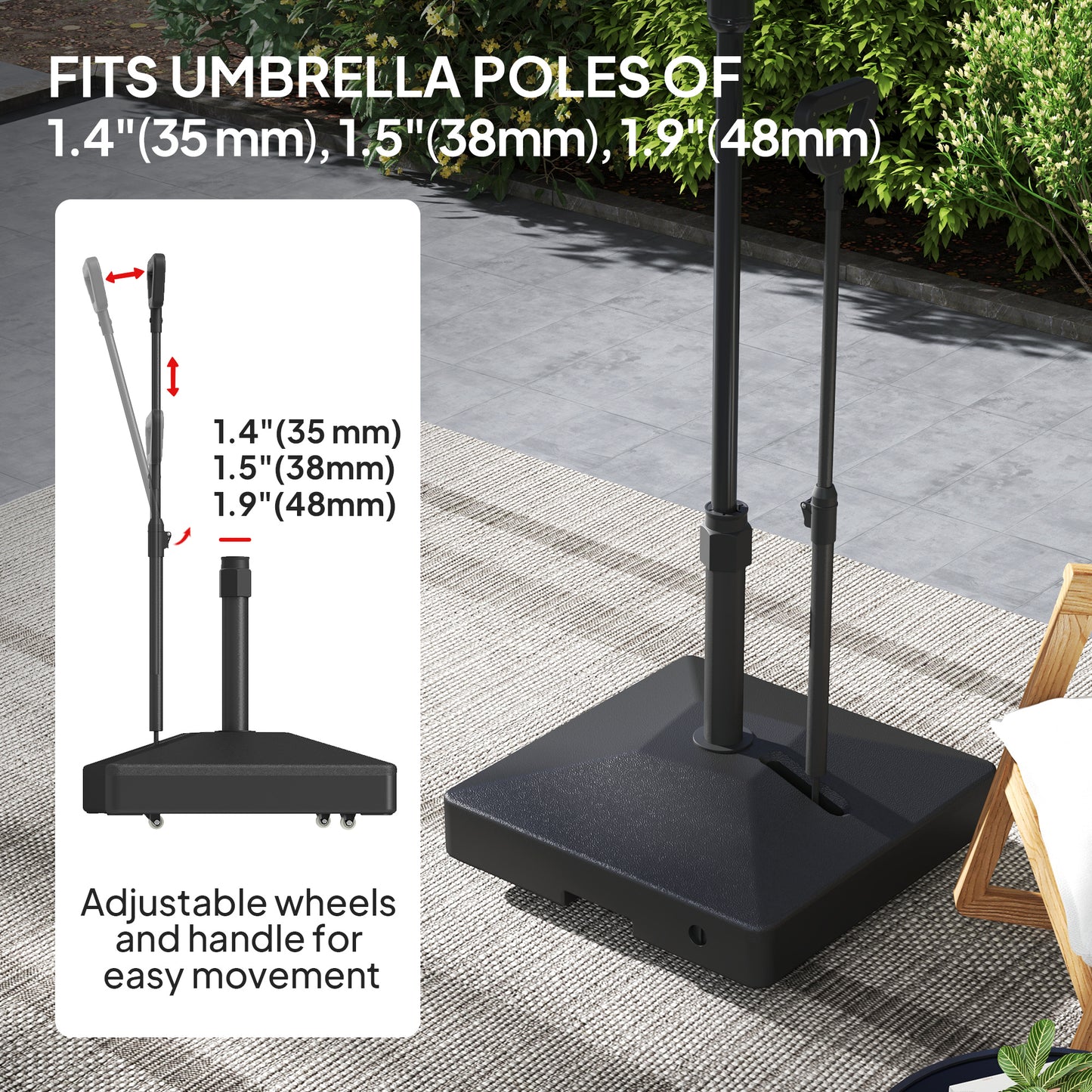 Outsunny Garden Parasol Base with Adjustable Wheels and Handle, Garden Sun Umbrella Base Parasol Stand, Filled Up to 55kg with Stand, 45kg with Water for Garden Poolside, Black