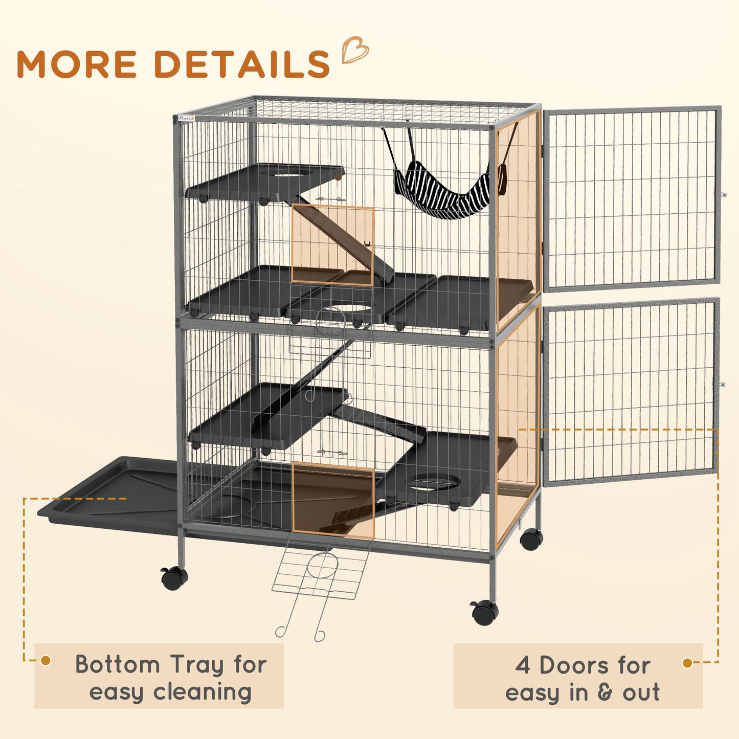 PawHut Small Animal Cage for Chinchilla Ferret Kitten on Wheels with Hammock Removable Tray, Grey