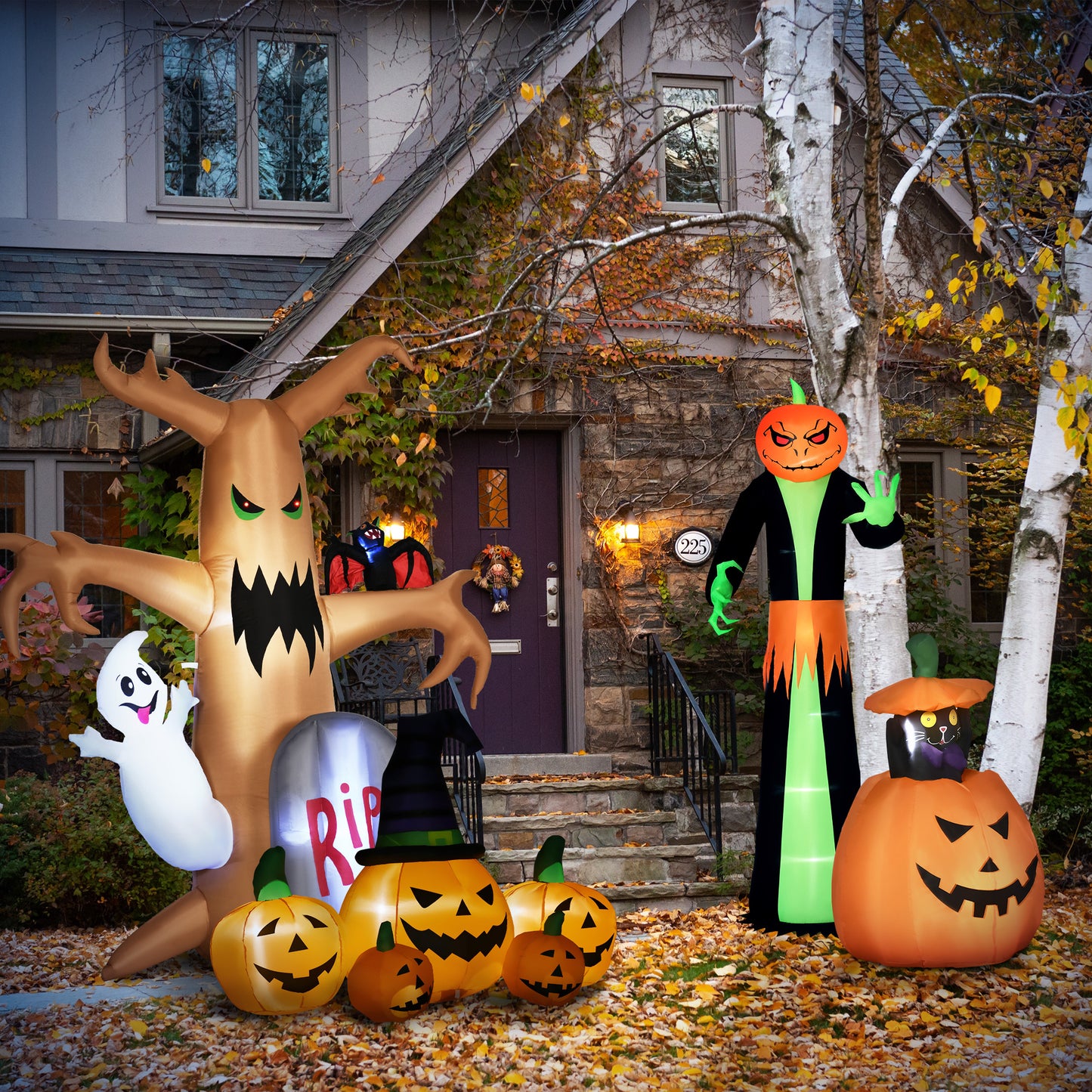 Outsunny 6ft nadmuchiwana duża dynia na Halloween w kapeluszu z czterema małymi dyniami, nadmuchiwany zewnętrzny wyświetlacz LED na trawnik, do ogrodu, na imprezę