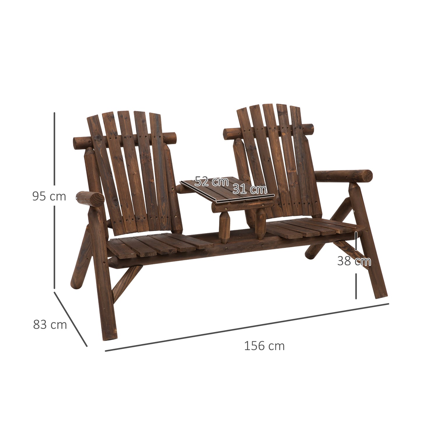 Outsunny Wood Patio Chair Bench 2 Seats Jack and Jill Seat z centralnym stolikiem kawowym, ławka ogrodowa, karbonizowana