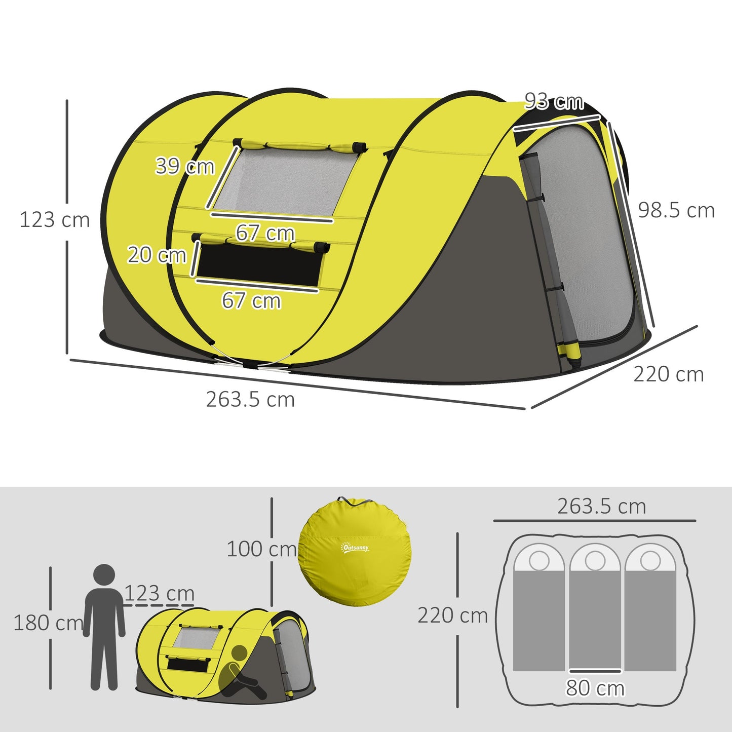 Outsunny 4-5 osobowy namiot kempingowy typu pop-up, rodzinny, z 2 oknami z siatki i oknami z PVC, przenośna torba transportowa na wycieczki na świeżym powietrzu, żółty
