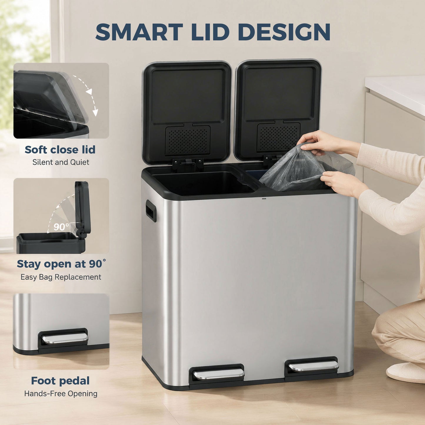HOMCOM 2 x 20L Double Kitchen Bin, Stainless Steel Pedal Rubbish Bin with Dual Compartments, Soft Close Lids, Silver Tone