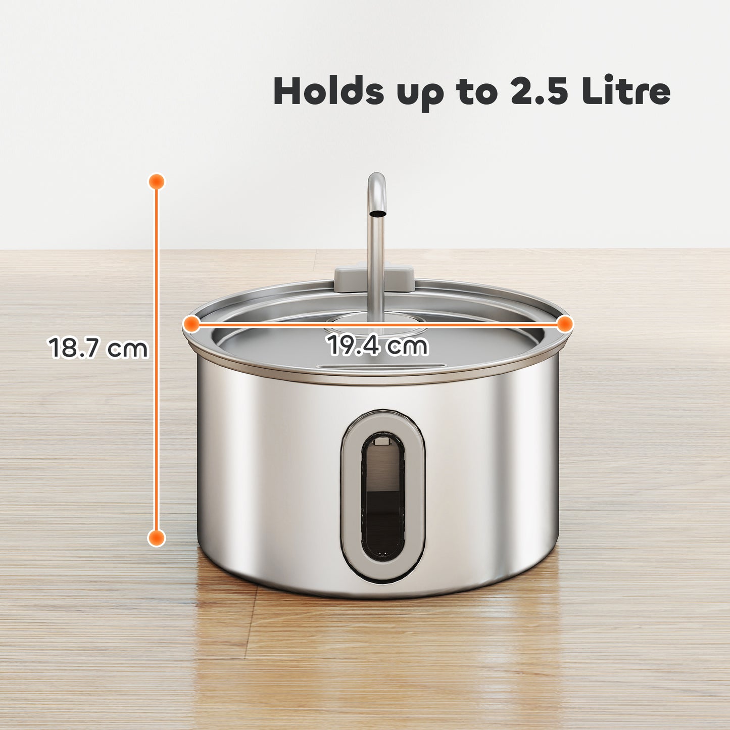 PawHut 2.5L Stainless Steel Cat Water Fountain for Drinking with Ultra-Silent Pump, Water-Level Window, Filters