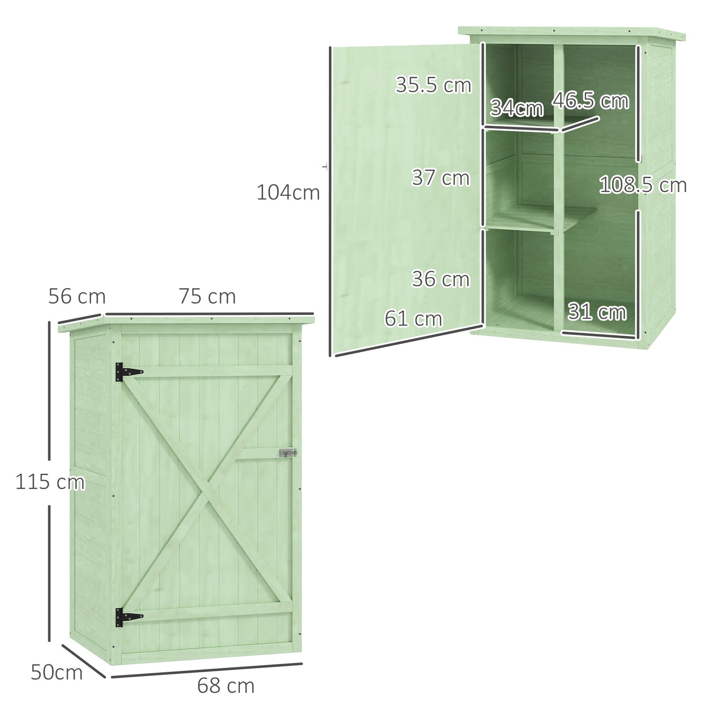 Outsunny Drewniany mały domek, ogrodowy domek do przechowywania z półkami i ryglem, 75L x 56W x 115H cm, zielony