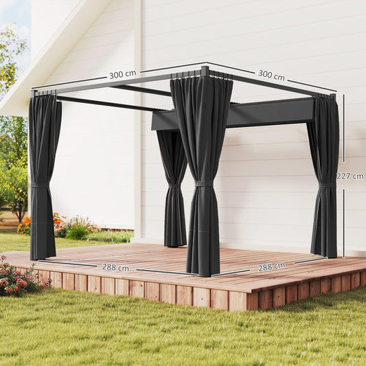 Outsunny 3 x 3(m) Retractable Pergola, Garden Gazebo Shelter with Curtains, for Grill, Patio, Deck, Charcoal Grey