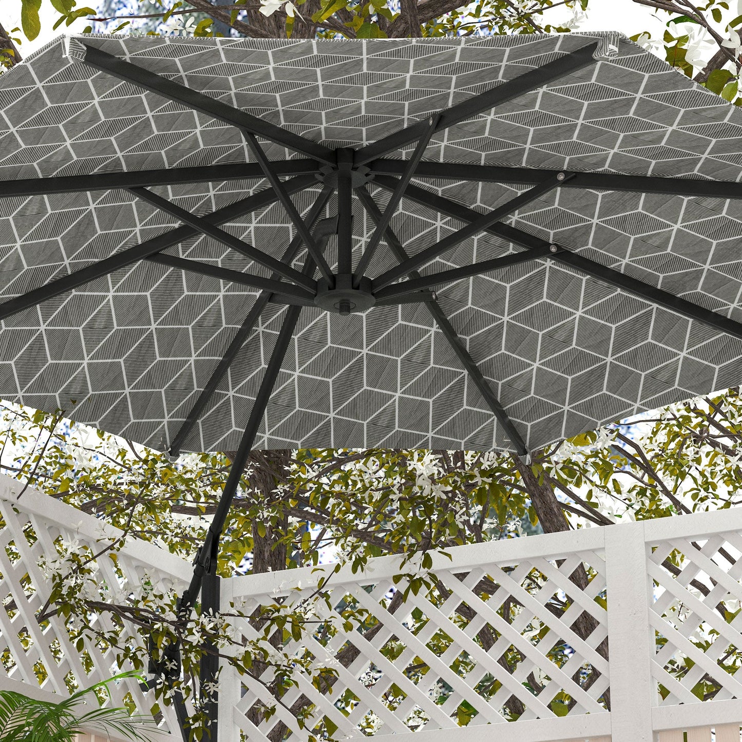 Outsunny 3(m) Convertible Cantilever Parasol and Centre-post Garden Parasol with Cross Base, 360¡ Rotation Banana Parasol with Crank Handle and 8 Ribs, Hanging Patio Umbrella, Black and White