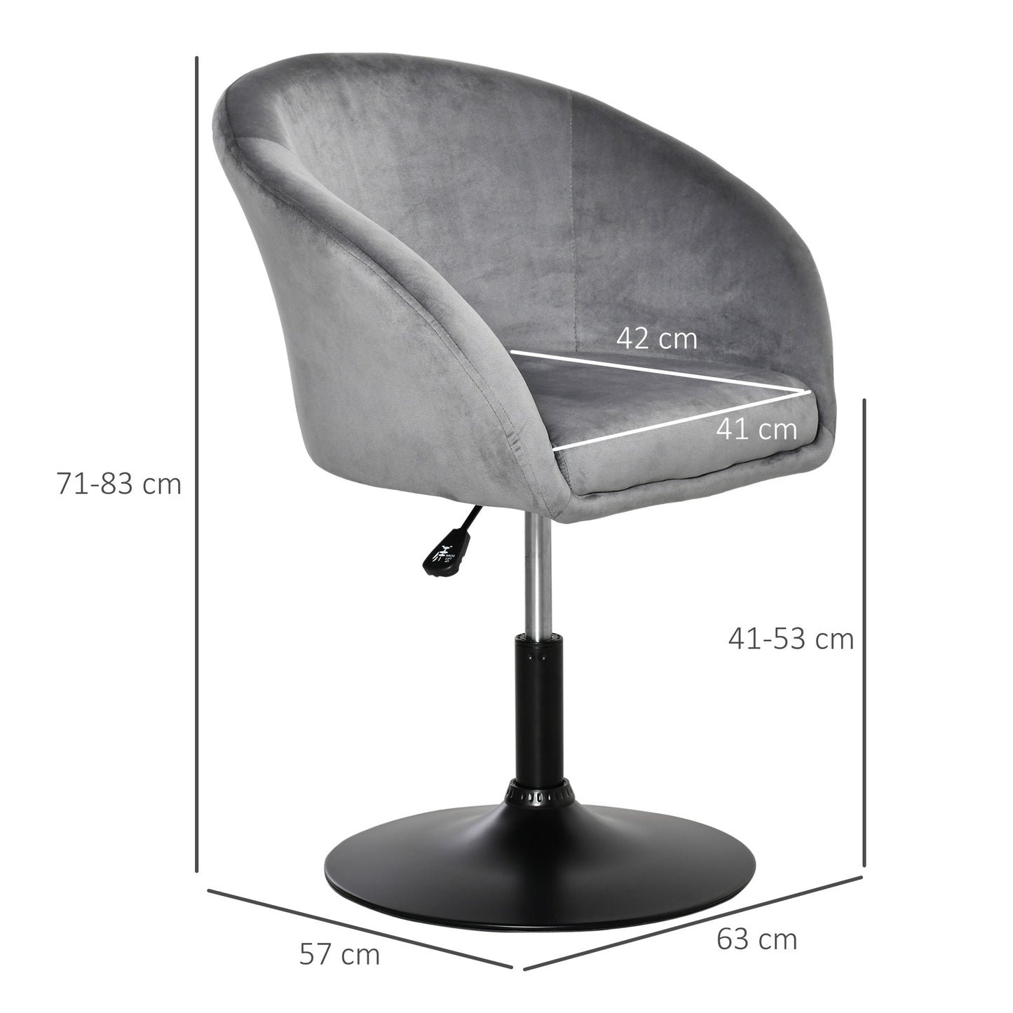 HOMCOM Dressing Table Chair, 360 Swivel Velvet-feel Upholstered Vanity Chair with Tub Seat, Back, Adjustable Height for Bedroom Makeup, Grey